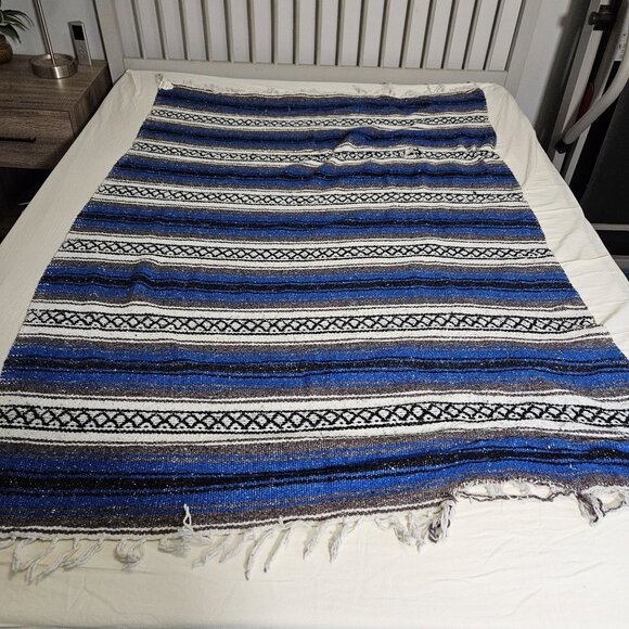 Vint Mexican Blanket Throw Baja Falsa Southwest Blue White Black Stripe 70"x48" - Picture 5 of 10